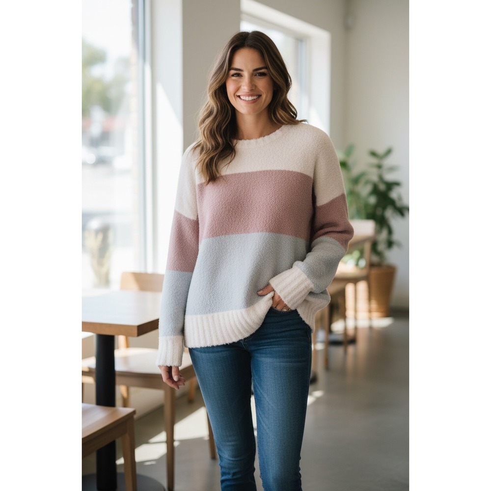 Altar'd State Colorblock Fuzzy Knit Sweater Ivory Pink Blue  Womens‎ Medium
